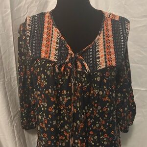 Japna Black Floral Tie-Front Blouse with Orange and Yellow Accents